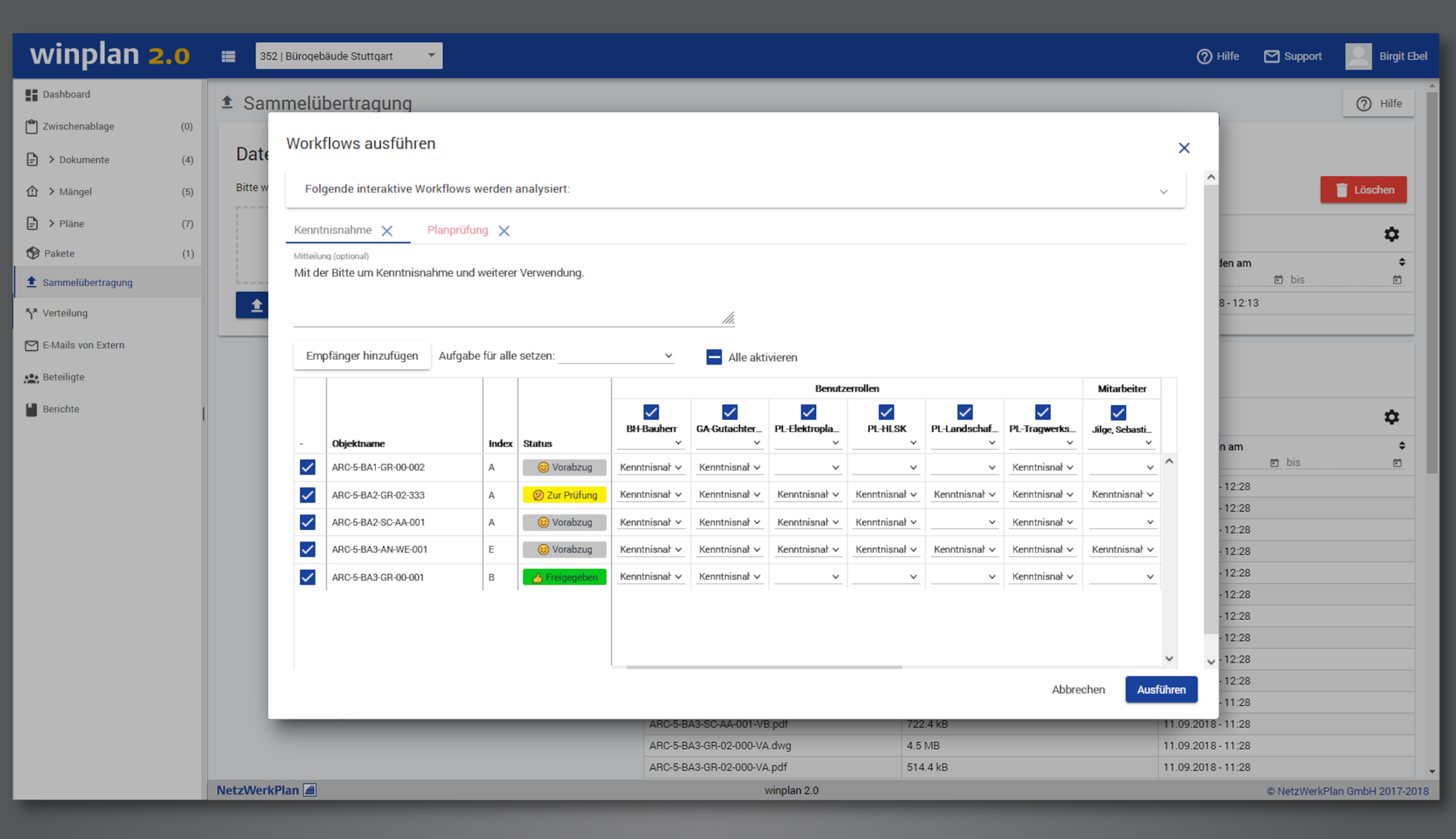 Screenshot Plan- und Dokumentenverteilung